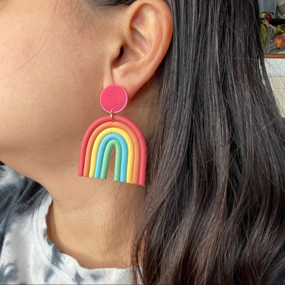 Runwaykloset Jewelry - Ceramic Clay Rainbow Dangle Drop Earrings Mauve Yellow Blue Green